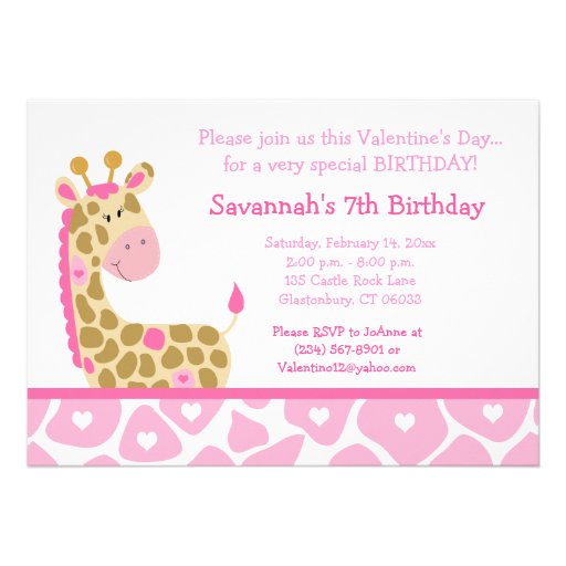 Pink Giraffe Valentines Day Birthday Invitation (front side)