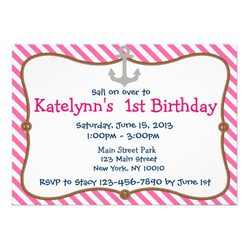 Pink Girl's Nautical Birthday Party Invitation (front side)
