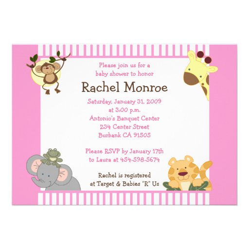 Pink Girly Jungle Safari Friends 5x7 Baby Shower Personalized Invitation