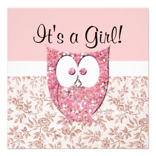Pink Glitter Baby Owl Shower Invitation (front side)