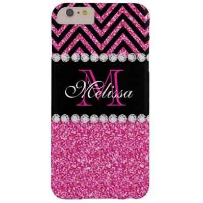 Pink Glitter Black Chevron MonogramMED Barely There iPhone 6 Plus Case