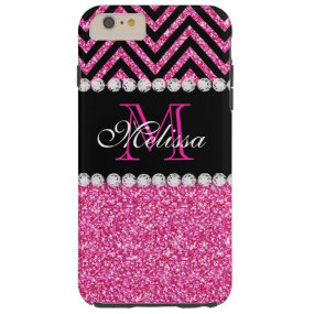 Pink Glitter Black Chevron MonogramMED Tough iPhone 6 Plus Case