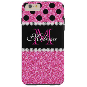 Pink Glitter Black Polka Dots Monogrammed Tough iPhone 6 Plus Case