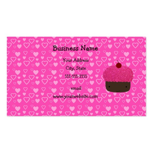 Pink glitter cupcake pink hearts business card templates (front side)