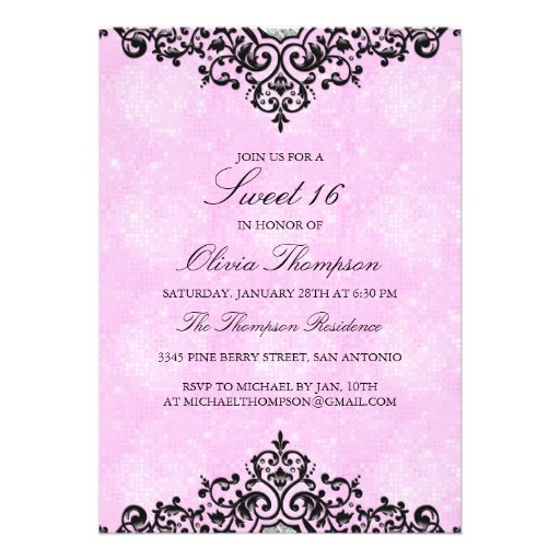Pink Glitter Damask Sweet 16 Invitation