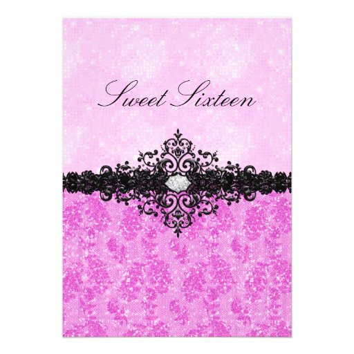 Pink Glitter Damask Sweet 16 Invitation