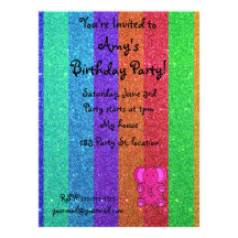 Pink glitter elephant rainbow glitter custom invites