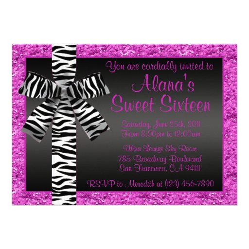 Pink Glitter Invite With Zebra Print Bow