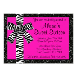 Pink Glitter Invite With Zebra Print Bow