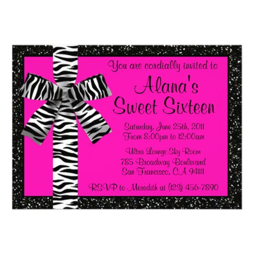 Pink Glitter Invite With Zebra Print Bow