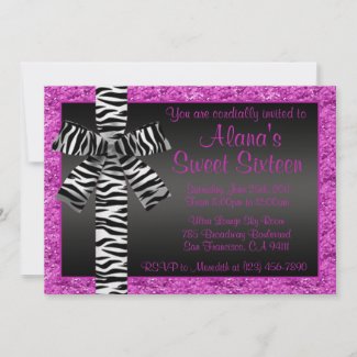 Pink Glitter Invite With Zebra Print Bow invitation