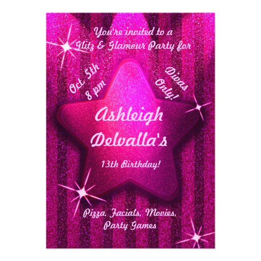 Pink Glitter-Like Star Birthday Party Invitations