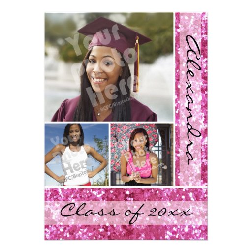 Pink Glitter-Look 3 Photo Graduation Invite (front side)