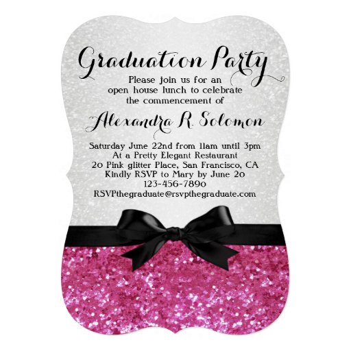 Pink Glitter-look Bow Graduation Party Invitation (front side)