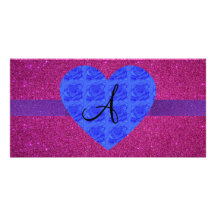 Pink glitter monogram blue roses picture card