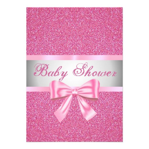 Pink Glitter Pink Bow Baby Shower Invitation