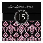 PINK GLITTER PRINTED, BLACK DAMASK QUINCEANERA PERSONALIZED INVITES