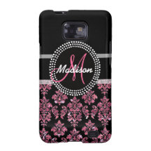 PINK GLITTER PRINTED, BLACK DAMASK YOUR MONOGRAM GALAXY S2 CASES
