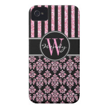 Pink Glitter Printed Black Damask Your Name iPhone 4 Covers