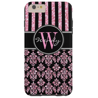 Pink Glitter Printed Black Damask Your Name Tough iPhone 6 Plus Case