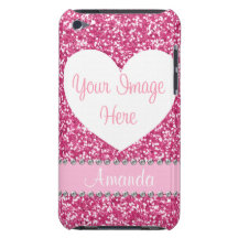 Pink Glitter Rhinestone Heart Photo iPod Case Barely There iPod Cover