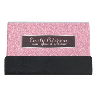 Pink Glitter With Silver And Black Accents Desk Business Card Holder