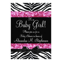 Pink Glitter Zebra Bow Baby Shower Girl Invites