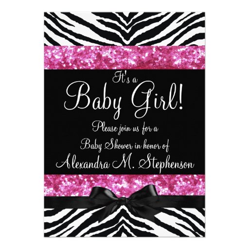 Pink Glitter Zebra Bow Baby Shower Girl Invites