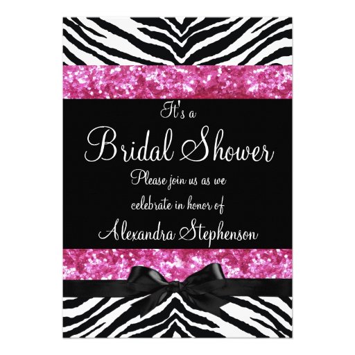 Pink Glitter Zebra Bow Bridal Shower Invitations