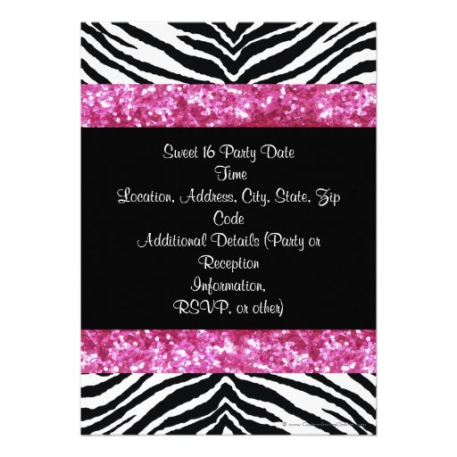 Pink Glitter Zebra Bow Sweet Sixteen Personalized Invitation