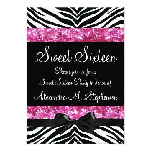 Pink Glitter Zebra Bow Sweet Sixteen Personalized Invitation