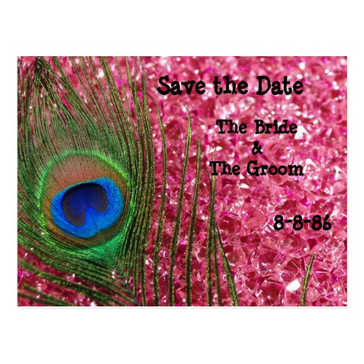 Pink Glittery Rock Peacock Save the Date Postcard