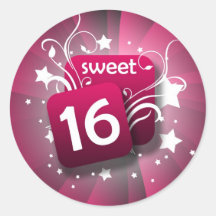 Pink Glowing Swirls and Stars Sweet 16 Round Stickers