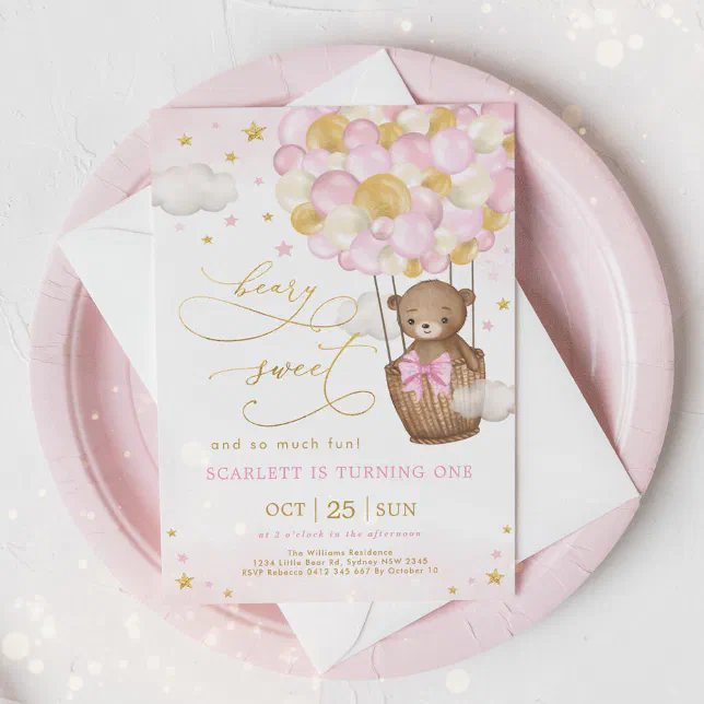 Pink Gold Bear Hot Air Balloon Girl St Birthday Invitation Zazzle