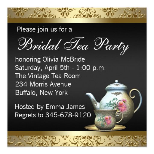 Pink Gold Black Damask Tea Cup Bridal Shower Invitation
