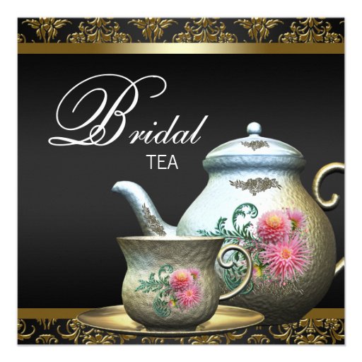 Pink Gold Black Damask Tea Cup Bridal Shower Personalized Invites