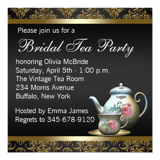 Pink Gold Black Damask Tea Cup Bridal Shower Personalized Invites