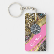 Pink & gold bling rectangular acrylic keychain