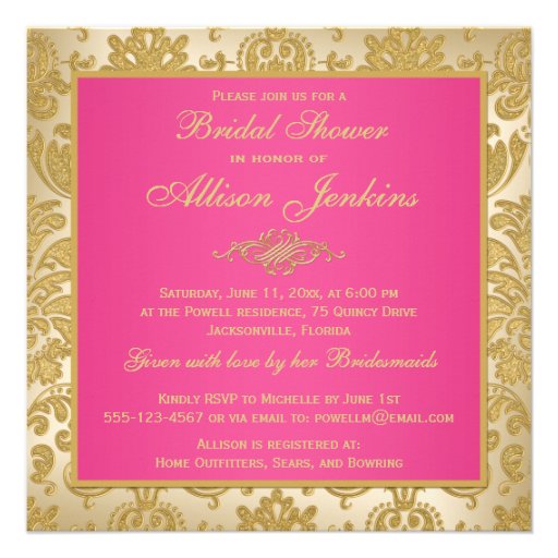 Pink, Gold Damask, Scroll Bridal Shower Invitation