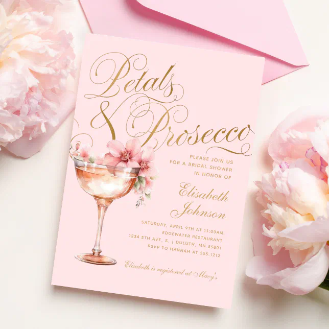 Pink Gold Floral Petals And Prosecco Bridal Shower Invitation Zazzle