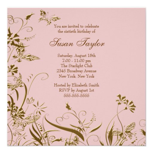 Pink Gold Flower Butterfly Womans 60th Birthday Custom Announcements