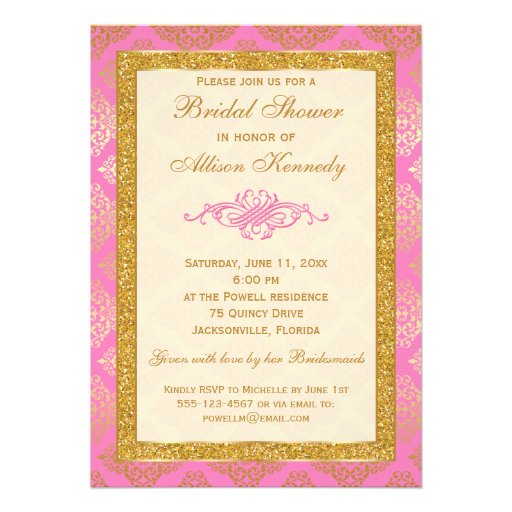 Pink, Gold Glitter Damask Bridal Shower Invitation
