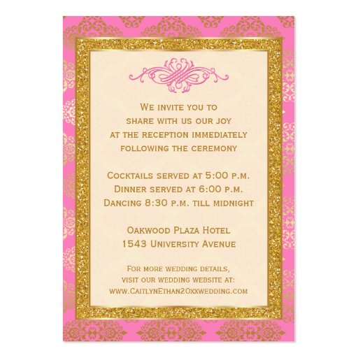 Pink Gold Glitter Damask Scroll Enclosure Card Business Cards (back side)