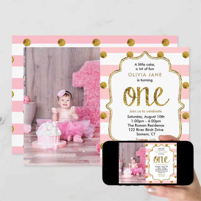 Pink Gold Glitter First Birthday Photo Invitation Zazzle