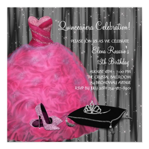 Pink Gown High Heel Shoes Hot Pink Quinceanera Invitations
