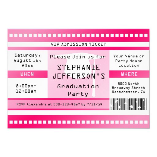 Pink Graduation or Party Admission Ticket Custom Invitation (front side)