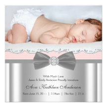 Pink Gray Baby Girl Photo Birth Announcement