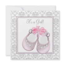 Pink Gray Baby Shoes Pink Gray Baby Girl Shower Personalized Invitations