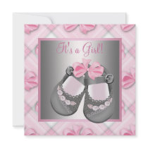 Pink Gray Baby Shoes Pink Gray Baby Girl Shower Custom Invitations