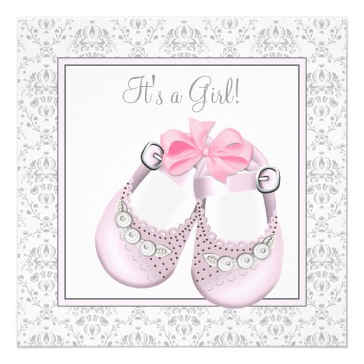 Pink Gray Baby Shoes Pink Gray Baby Girl Shower Personalized Invitations